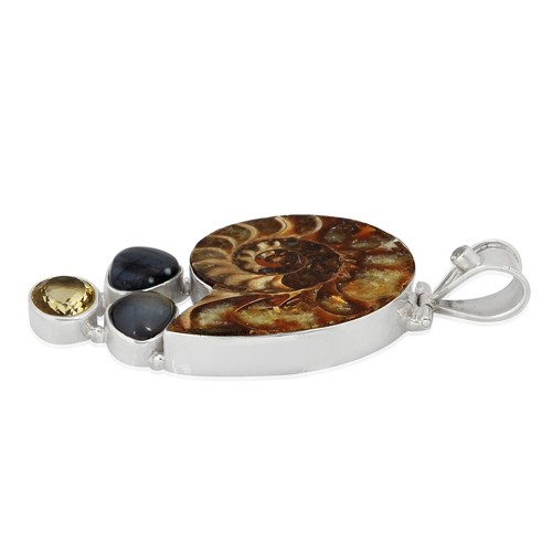 Sterling Silver Ammonite, Agate and Citrine  Jewelry Pendant - Picture 4 of 4