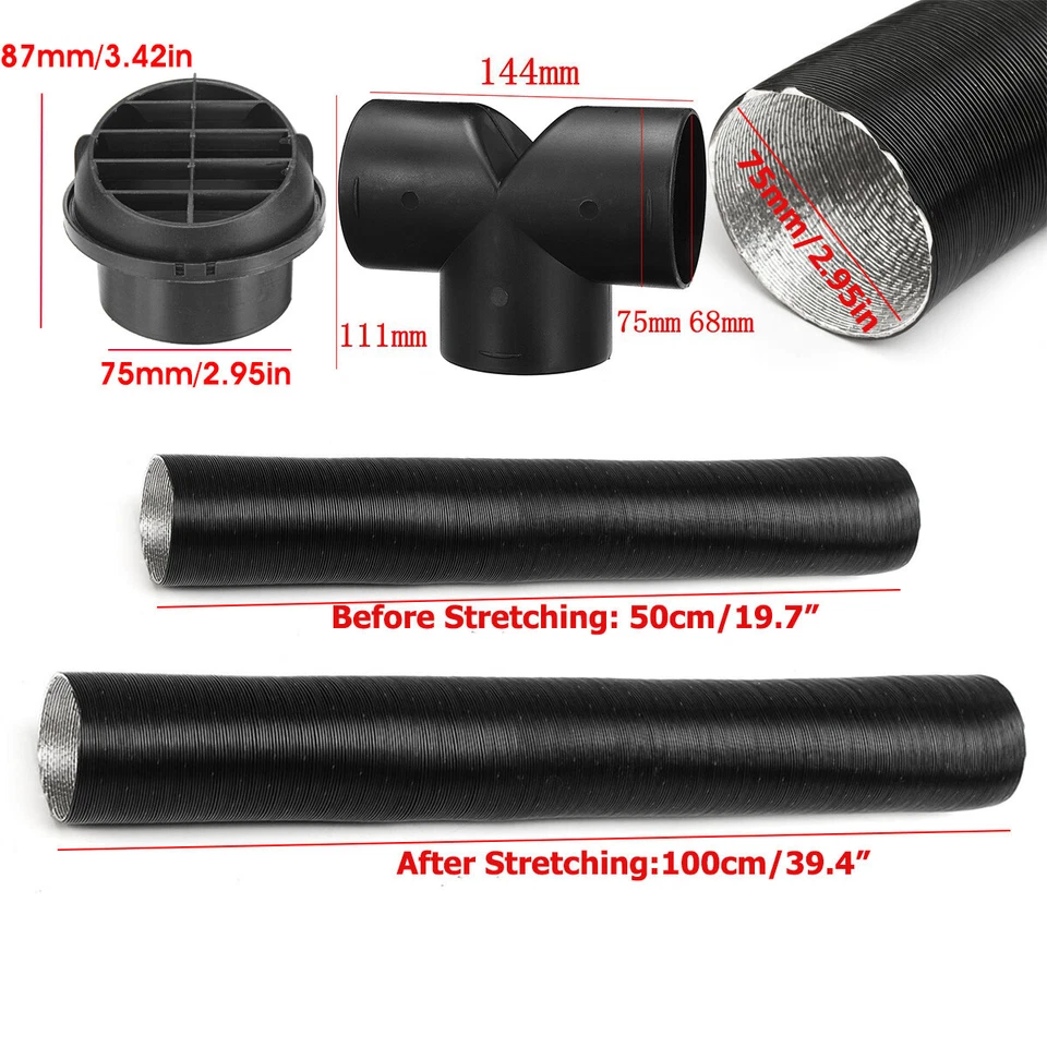  For Diesel Heater 75mm Air Vent Ducting Piece Outlet Connector Vavle Flap Pipes Foto 3 de 4