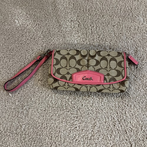 Coach Monogram Pink Trim Canvas Wristlet - Mini Bag - swinger Bag