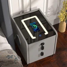 Modern Light Grey Nightstand w/ USB Wireless Charging Fingerprint Security Lock