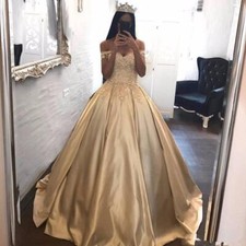 Gold Satin Ball Gown Quinceanera Dresses Off Shoulder Lace Applique Sweet16Dress