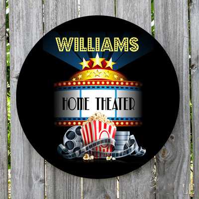 PERSONALIZED ROUND HOME THEATER METAL SIGN MONOGRAMMED 