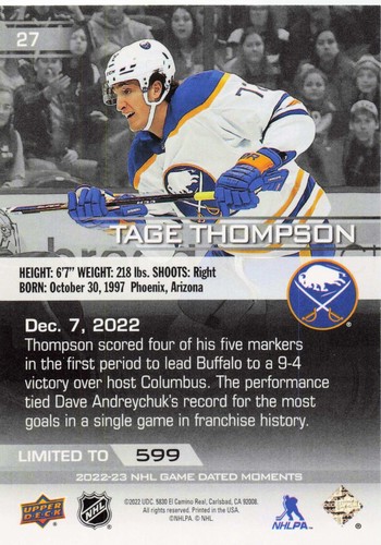 2022-23 Tage Thompson Upper Deck Game Dated Moments Limit to 599 #27 - Picture 2 of 2