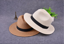 Womens Panama Hat Summer Straw Wide Brim Fedora Sun Beach Foldable 3 color