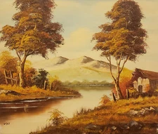 Impressionism Oil On Canvas "Mountain Landscape with River Stream"