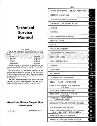 Manual de taller de reparación AMC 1972 72 AMX Javelin SST Hornet Gremlin Matador Ambassador - Imagen 2 de 2