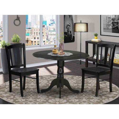 3-Piece Black Finish Solid Wood Top - Dining Room Set with Leaf - Seats-4