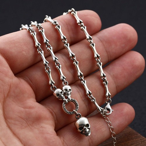 3MM Vintage Skulls Bone Chain Necklace for Men Women Punk 925 Sterling Silver - Picture 3 of 8
