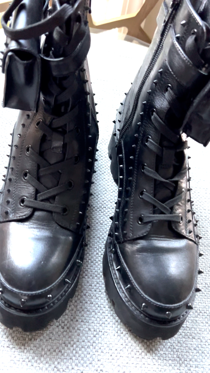 PINKO WOMAN Salvador Army Combat Ankle BOOTS Studded LEATHER