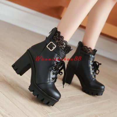 Womens Mary Jane Block Heel Ankle Boots Lovely Platform Lace Up Fashion  Shoes | eBay