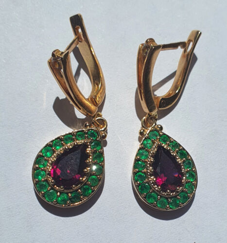 14K Yellow Gold Natural Diamond, Rhodolite Garnet and Emerald Earrings - Picture 2 of 14