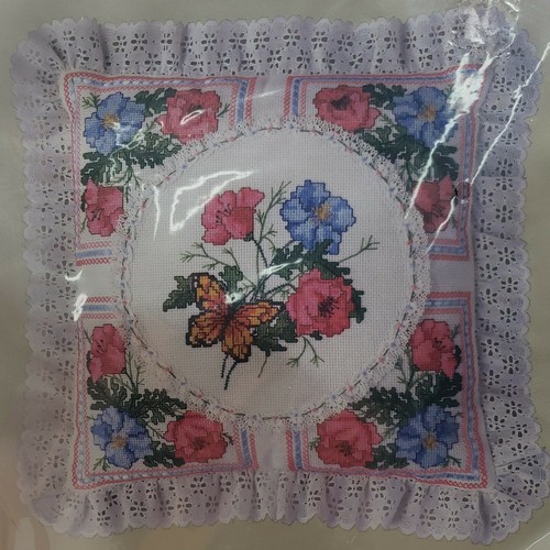 Vtg 1984 Something Special Count Cross Stitch Pink Blue Poppy Pillow Kit Nuevo - Imagen 2 de 4