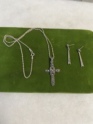 Beautiful .925 Sterling Cross & Sterling Chain 18   W/Dangle Earrings - Not .925