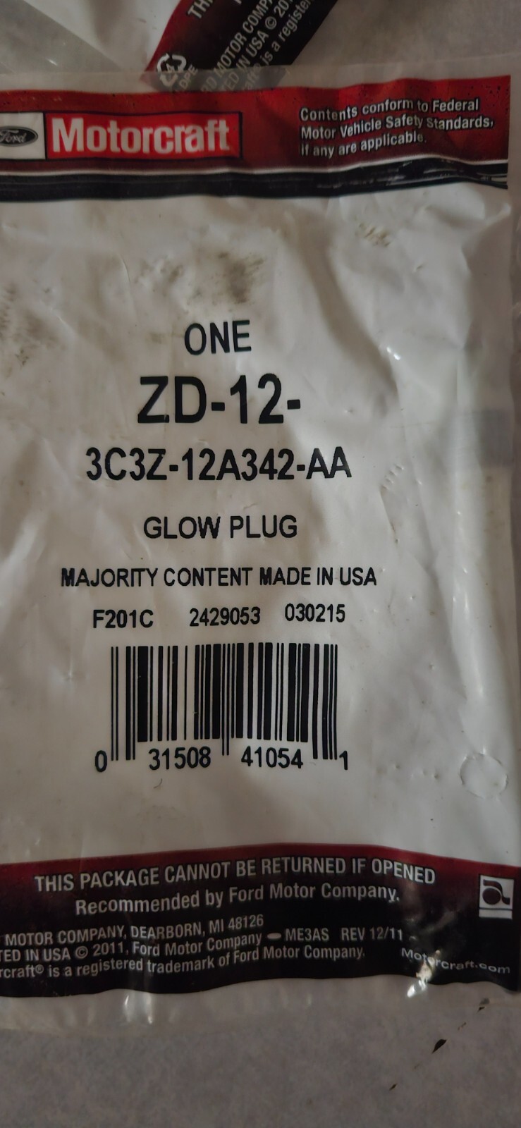 Diesel Glow Plug Motorcraft ZD-12 3C3Z-12A342-AA