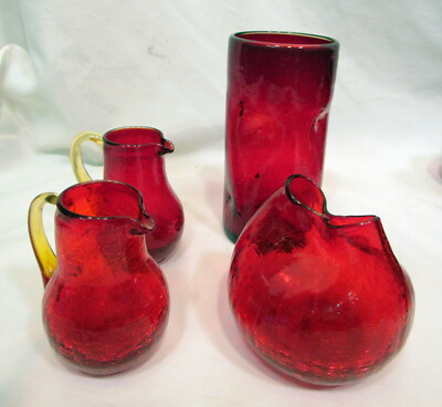 RARE Lot of 4 Vintage Assorted Crackle Glass Pieces, Vases and Pitchers