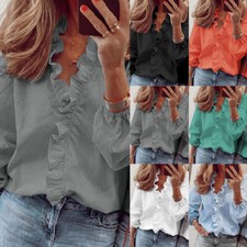 Womens Ruffle Shirts Ladies Work Casual Frill V Neck Long Sleeve Blouse Tops US