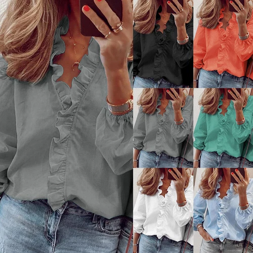 Womens Ruffle Shirts Ladies Work Casual Frill V Neck Long Sleeve Blouse Tops US