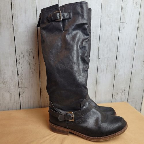 XOXO Markee Riding Boots Womens 8.5 black faux Leather Extendable Calf tall gray