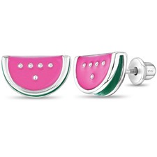Watermelon Kids / Childrens / Girls Earrings Screw Back Enamel - Sterling Silver
