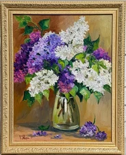 Original Oil Painting Lilac Flowers Spring Still Life Art Signed Framed 21x17 in