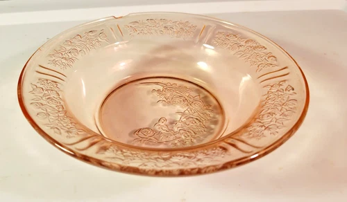 Antique 7" Federal Glass Sharon Cabbage Rose Flat Soup Bowl Pink Depression