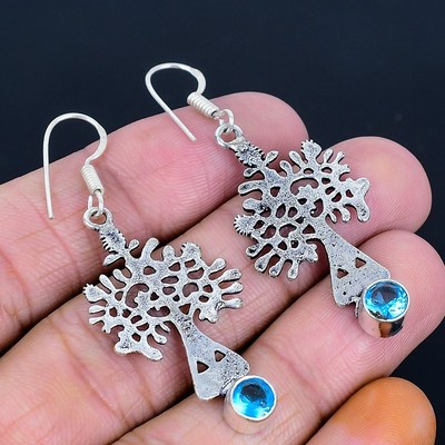 Outstanding Swiss Blue Topaz Gemstone 925 Sterling Silver Earring 2.08'' j093
