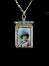 Antique Victorian Rose GF Hand Painted Porcelain Plaque Marble Fob Charm Pendant