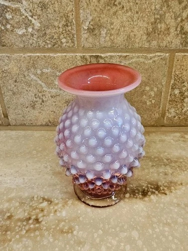 VTG Small Fenton Cranberry Opalescent Hobnail Roundtop Budvase 3.75"