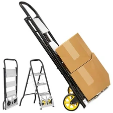2 in 1 Folding Hand Truck & 3-Step Ladder, Portable Dolly Cart with Wheels, H...