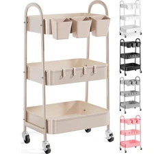 3 Tier Khaki Metal Utility Rolling Cart, Storage Cart with Handle and Lockabl...