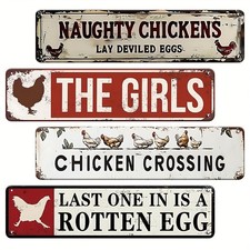 4pcs Rustic Metal Tin Signs Vintage Farmhouse Wall Decor with Humorous Chicken