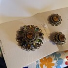 VTG Beautiful brooch, clip earrings amber & green rhinestone 1950 Era Antique — photo 3