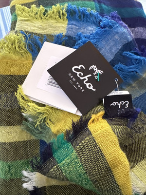 Echo New York Scarf Shawl Tassel Viscose Plaid Multicolor 80 x 24''