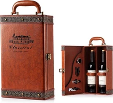 Wine Gift Box with 4 Wine Accessories Set,Portable Two Bottle Wine Carrier Case 
