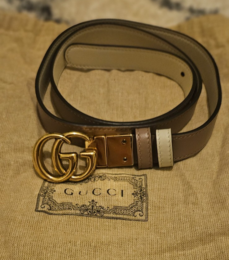 Gucci GG Marmont reversible leather belt Size 85 UK 10 White Beige