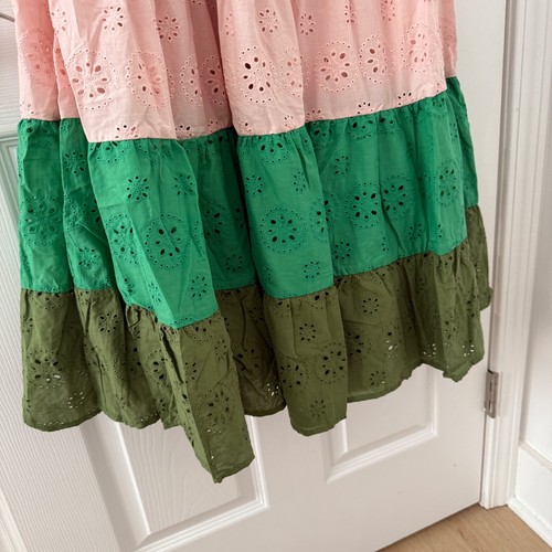ModCloth Eyelet Dress Size 2 Pink Green Tiered Sleeveless Sundress Summer - Picture 3 of 12