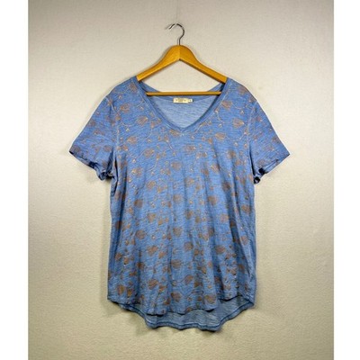 Paradise Shores T-Shirt Womens XL Blue Gold Floral Foil V-Neck Cotton Knit