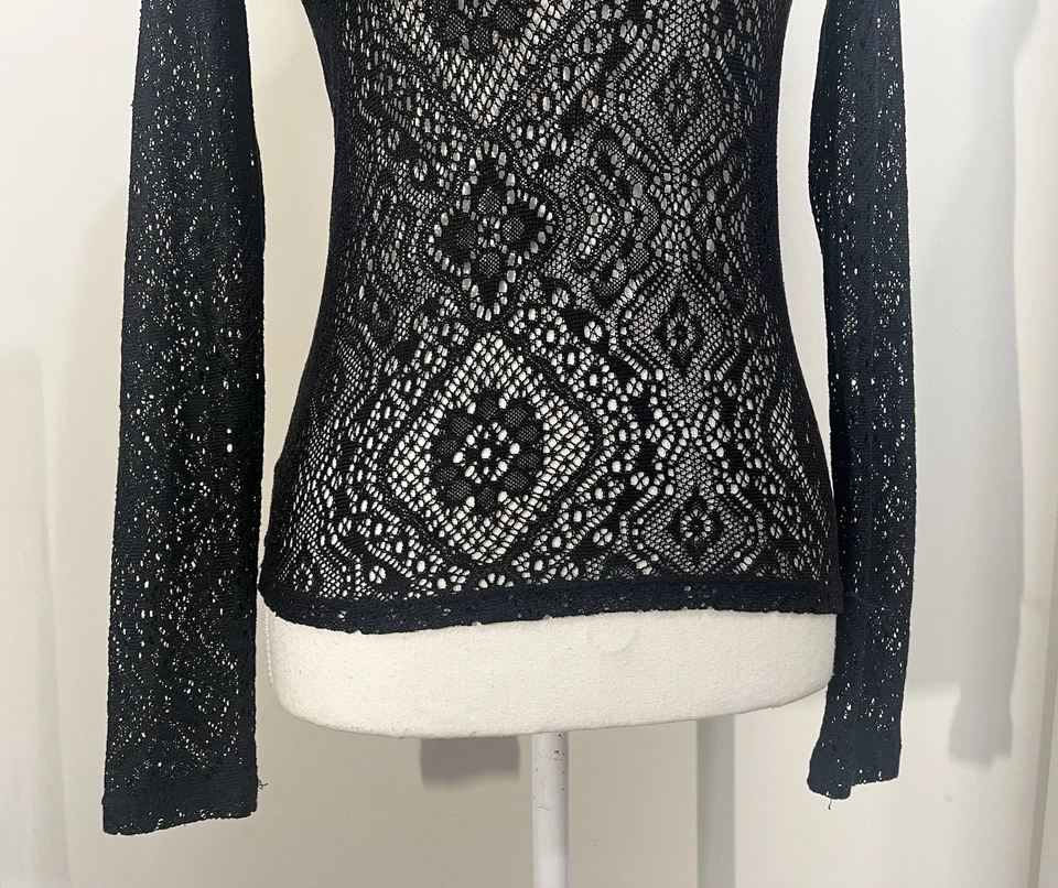 Blusa feminina Y2K Mudd Vampy preta transparente aberta malha renda slim fit manga longa XS - Imagem 3 de 4