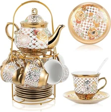 20 Pcs Porcelain Tea Set with Metal Holder and Spoon Adult Ceramic Tea Party Set