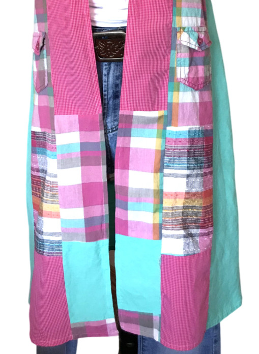 Patchwork Boho Duster: Handmade Pink Aqua Plaid S… - image 7