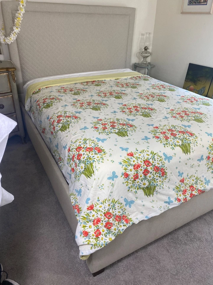 Винтажный Morgan Jones 70-х пододеяльник королева цветочный белый синий зеленый "Красные маки" коттедж - Изображение 3 из 4