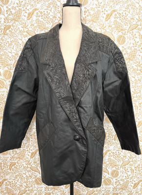 Vintage Global Identity G-III Embossed Black Leather Jacket Size S Mid Oversized