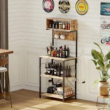 Bakers Rack W/ Outlet 4-Tier Microwave Stand &Storage Shelf W/ Hooks for Kitchen