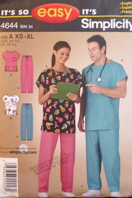 Simplicity Sewing Pattern 4644 Misses Mens Teens Scrub Top Pants Size XS-XL UC