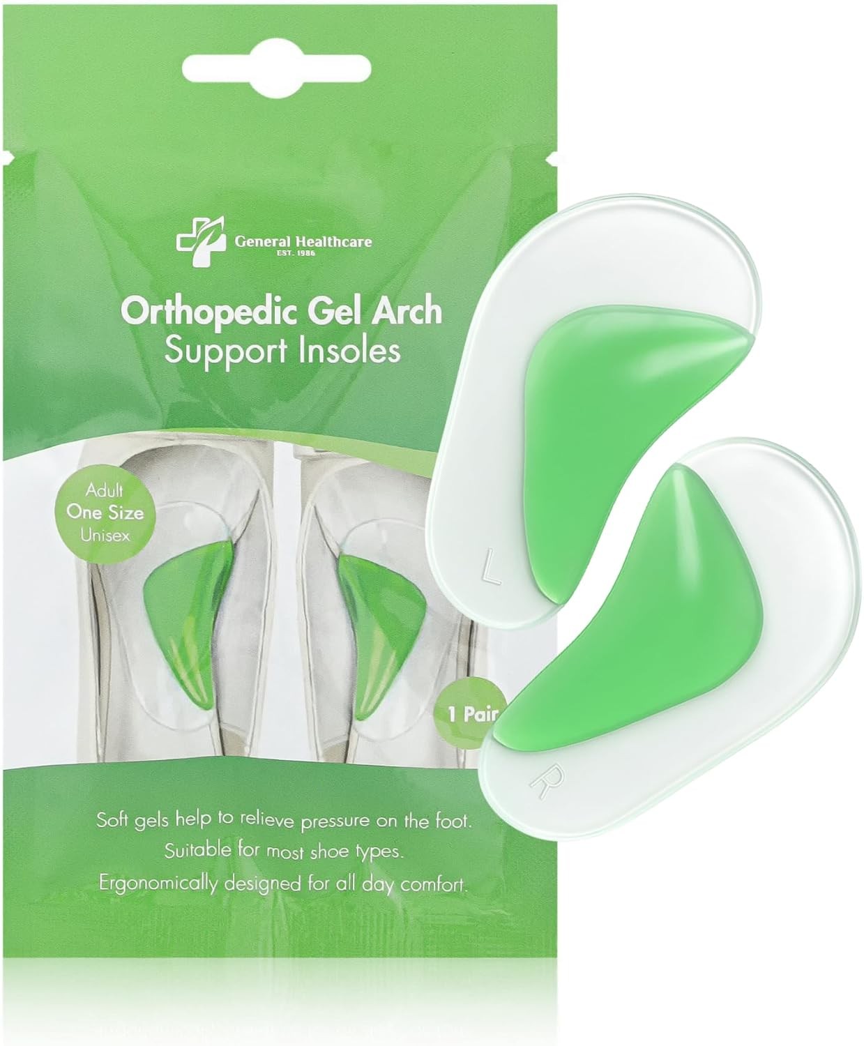 General Healthcare Orthopedic Gel Arch Support Insoles – Flat Feet Support, S