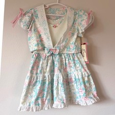 Vintage Evy Girls Floral Eyelet Lace Tiered Dress Pastel Pink Blue Made in USA 4