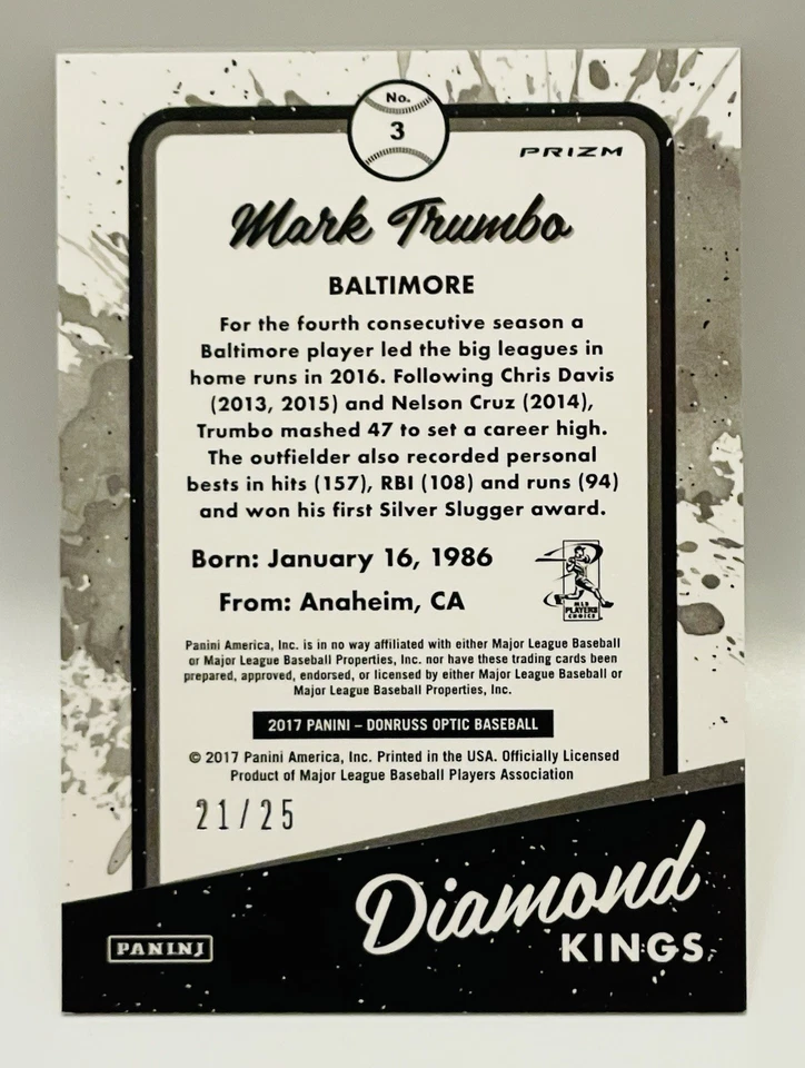 Mark Trumbo *21/25* 2017 Donruss Optic Orange Prizm #3 Baltimore Orioles MLB Foto 3 de 3