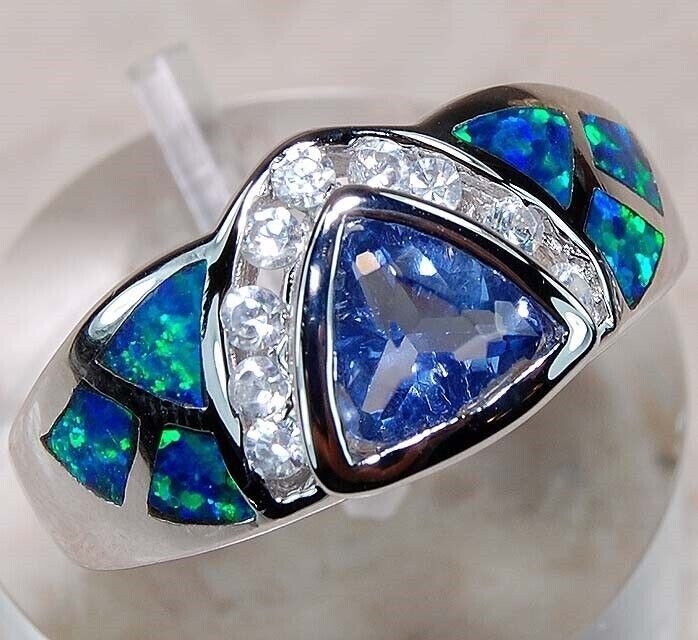 1CT Treated Sapphire & Australian Opal Inlay 925 Silver Size 7 Ring BA4