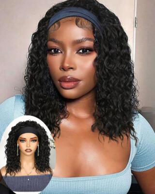 Headband Wig Water Culry Human Hair Wig Black Full Machine Made Glueless  Wig