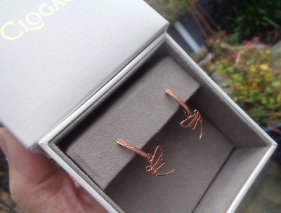 Clogau Welsh 9ct Rose Gold & Diamond Dragonfly Pierced Drop Earrings + Box